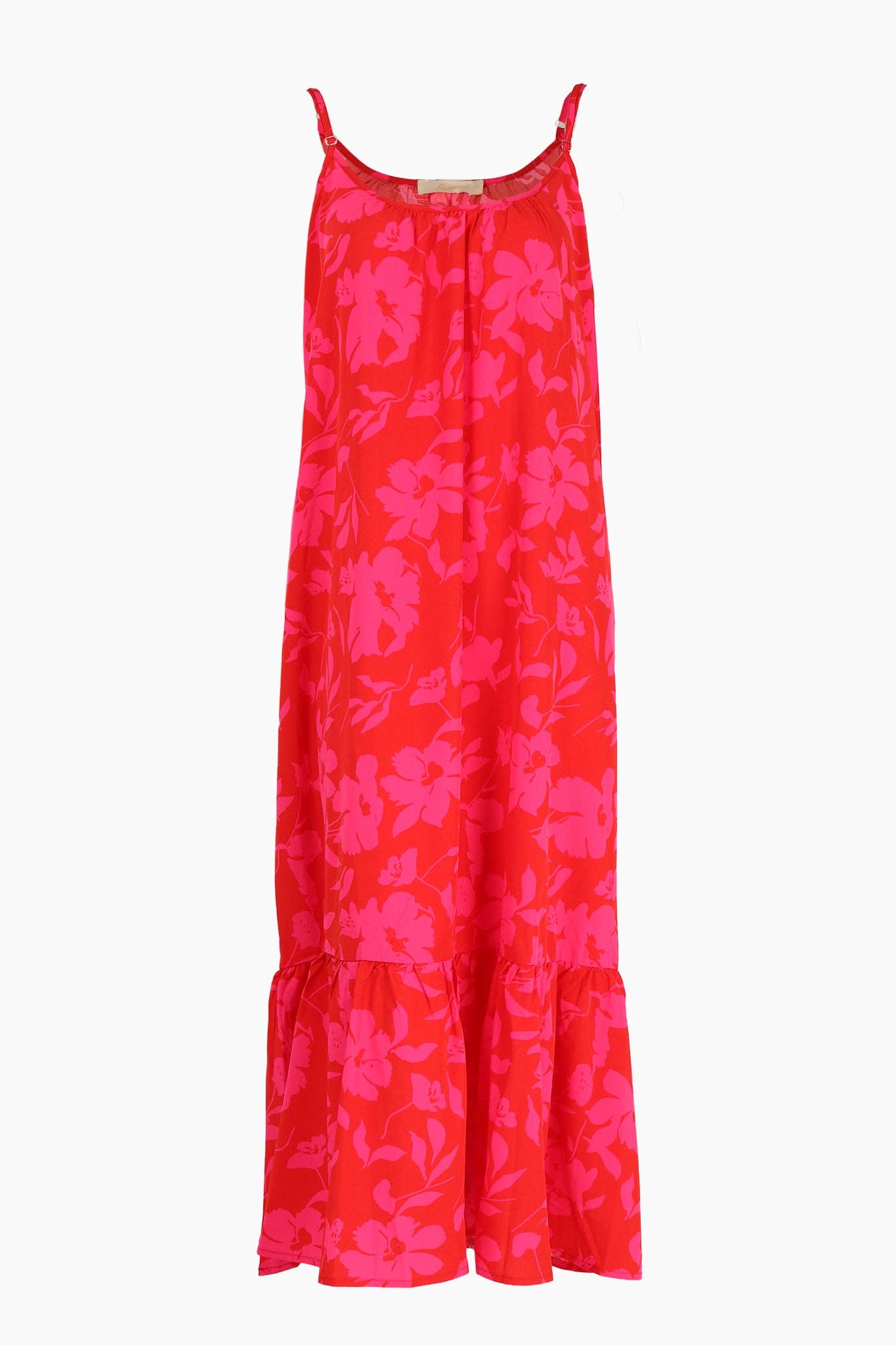 Sarta - Wholesale Dress - Women's - Tropical Floral Print Midi Tiered Slip Dress in Red Pink4