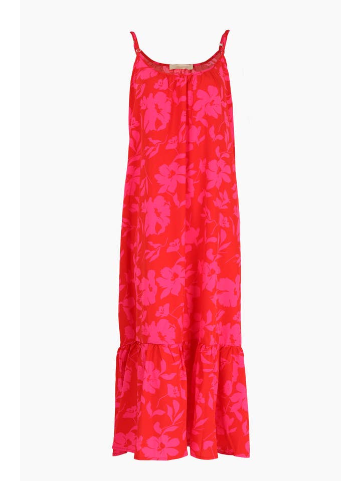 Sarta - Wholesale Dress - Women's - Tropical Floral Print Midi Tiered Slip Dress in Red Pink4