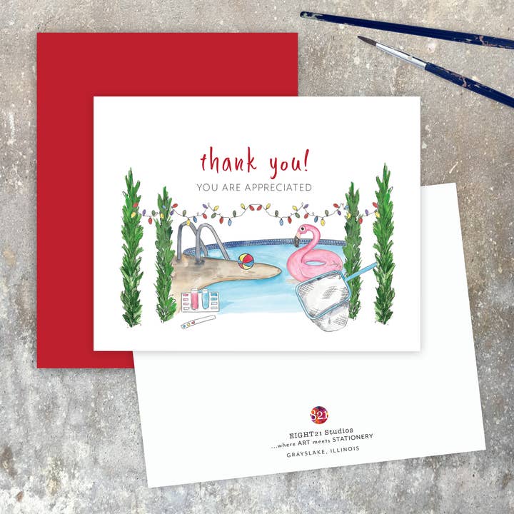 Eight21 Studios + Unique Greeting Cards, Art and Stationery - Wholesale Christmas Card - Swimming Pool Service Appreciation Christmas Greeting Card