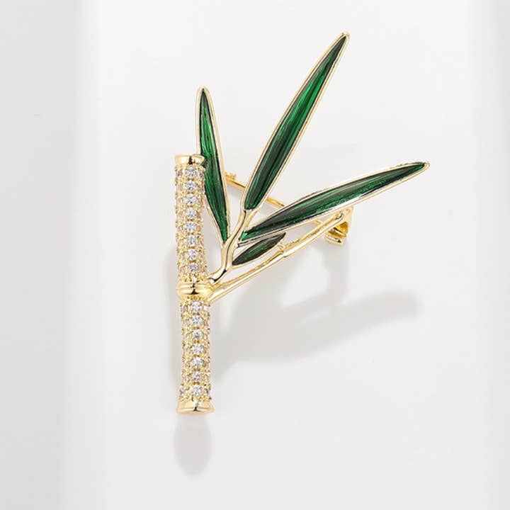 Elegant Green Enamel Leaf Zircon Brooch for wholesale by Bright MacMing