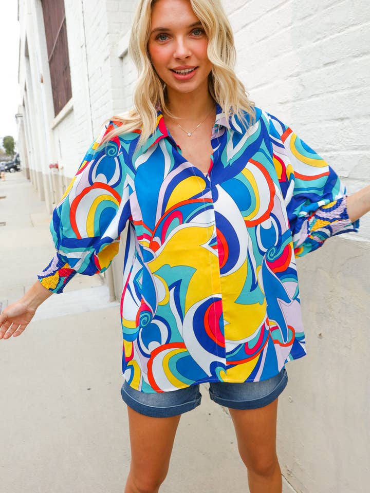 Promenade - Wholesale Button Down Shirt - Women's - Best in Bold Abstract Print Button-Down Smock Sleeve Top (Open Pack)