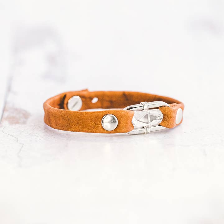 Giving Bracelets - Wholesale Bangle Bracelet - Desert Rose Leather Bracelet - Silver - Clear Quartz4