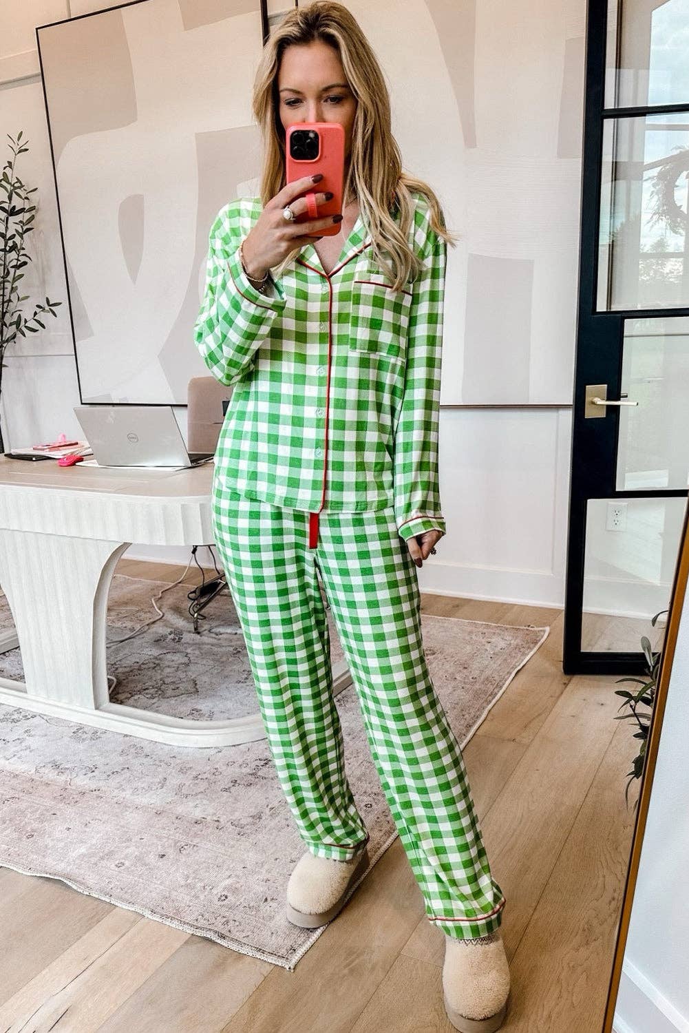Light Green Christmas Plaid Print Shirt and Pants Pajama Set for wholesale on Faire8