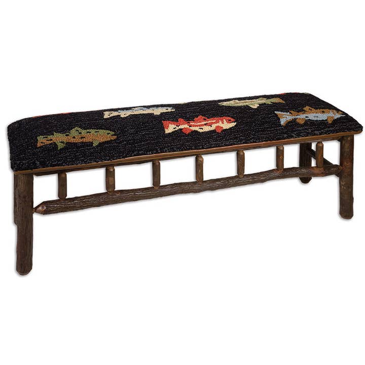 Chandler 4 Corners - Wholesale Bench - River Fish Handcrafted Hickory Bench with Hooked Wool Top