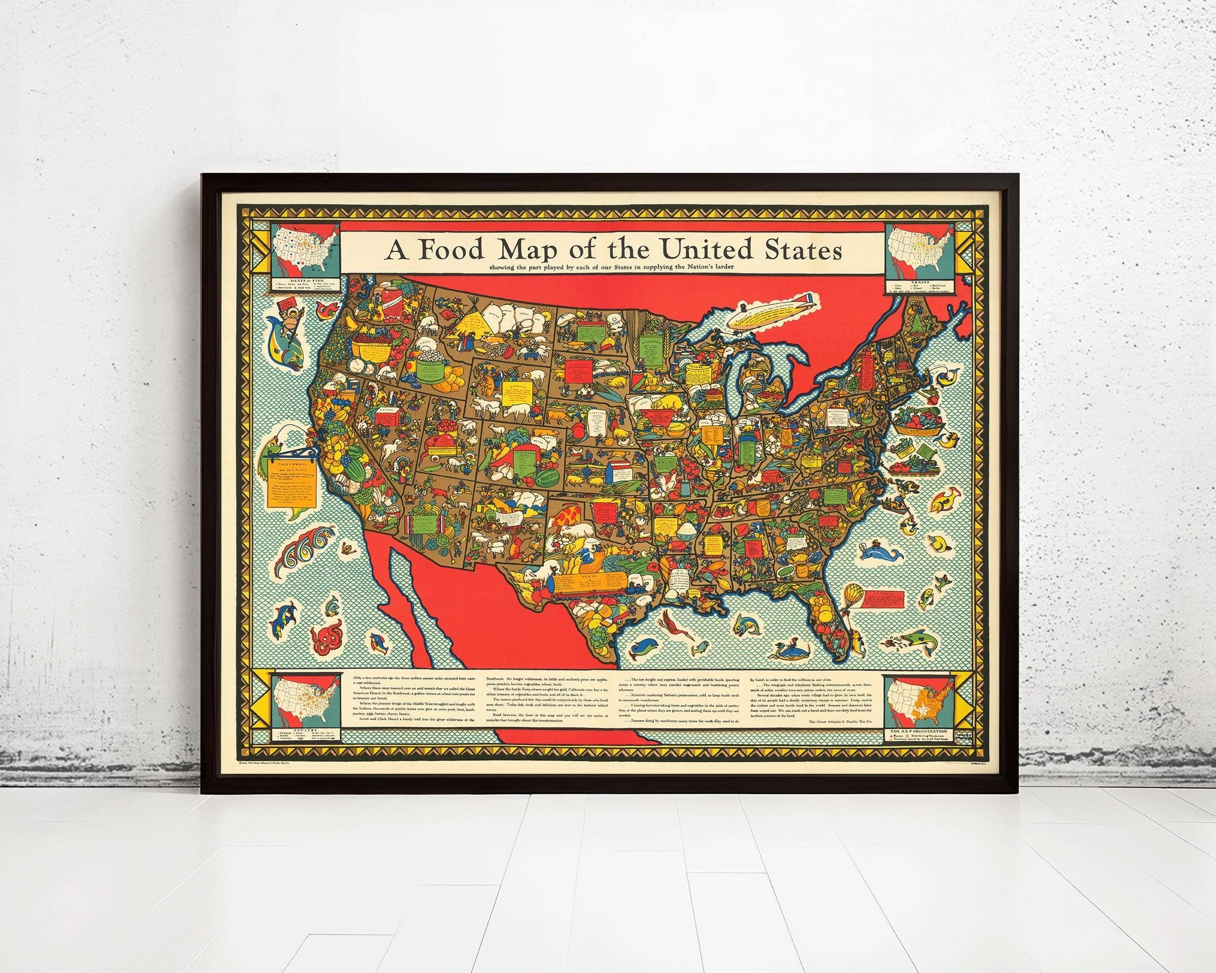 OldCityPrints - Old Maps and Posters - Venta al por mayor Pósteres - Mapa de Alimentos de los Estados Unidos Mapa Vintage 1932 Póster Vintage | Impresión de Arte de Pared de Mapa Vintage | Impresión de Póster Grande | Decoración de Pared para el Hogar