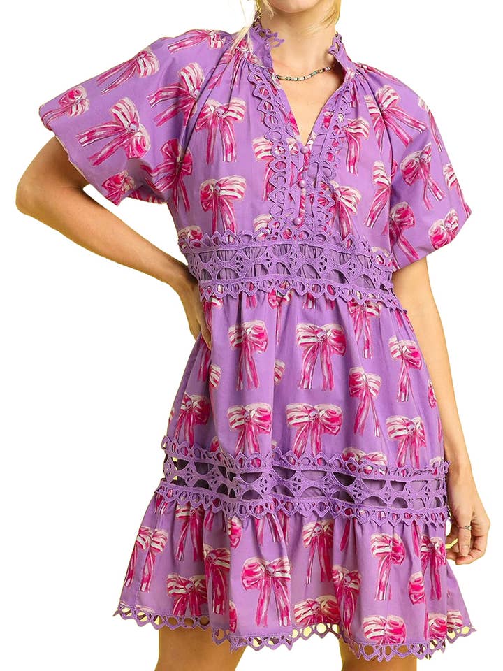 Embroidered Bow Eyelet Mini Dress for wholesale by Vanilla Monkey