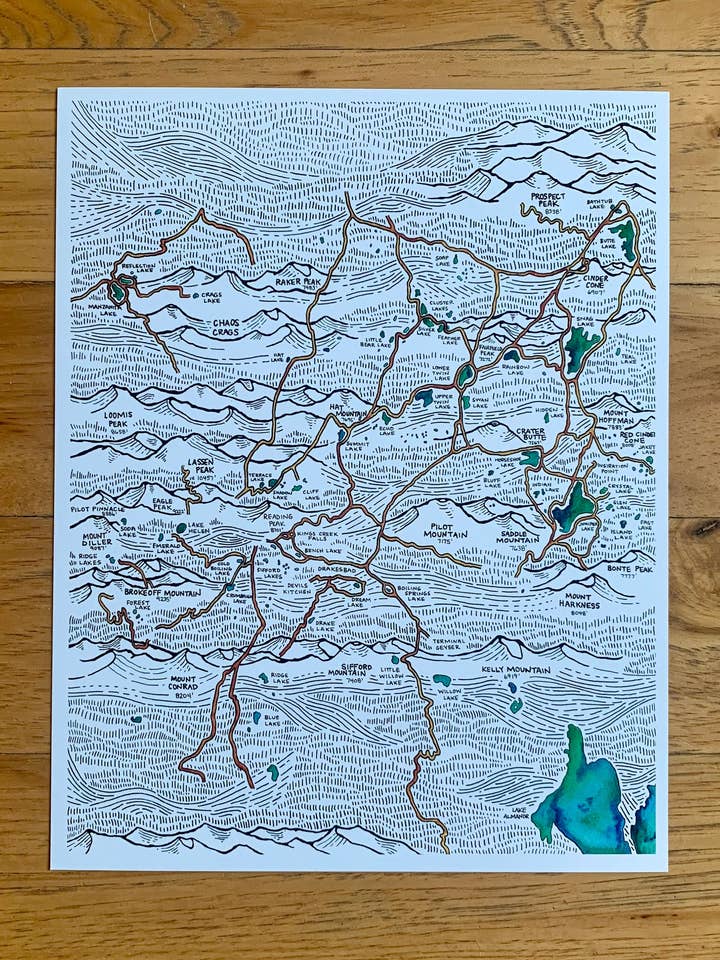 Lassen National Park Trail Map - cartography for wholesale by Bryn Merrell Art