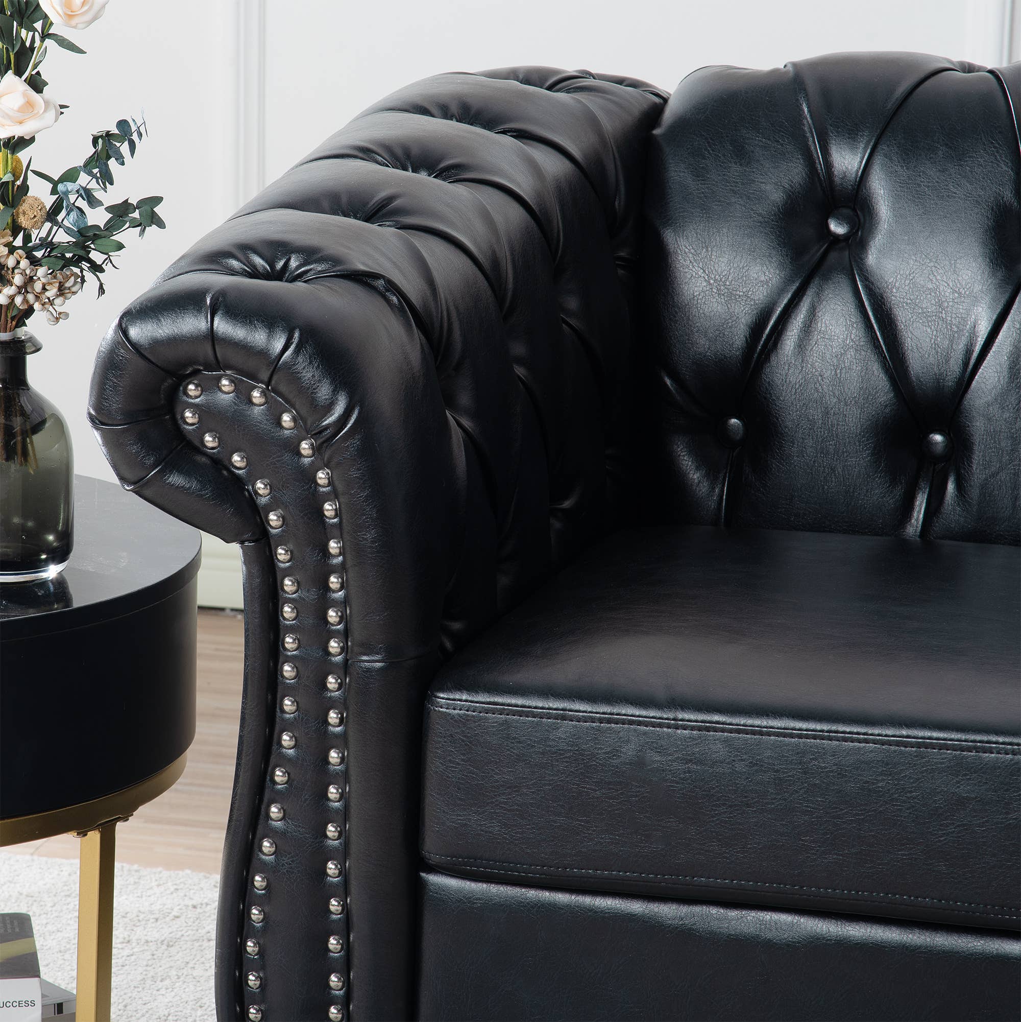 39F Inc. - Wholesale Chair - 84.65''BLACK PU Rolled Arm Chesterfield 3 Seater Sofa,6Color33