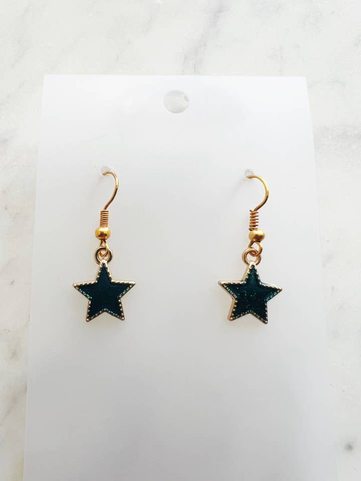 Kawaii Teal Enamel Star Dangle Earrings for wholesale by Carmen Miller Jewellery