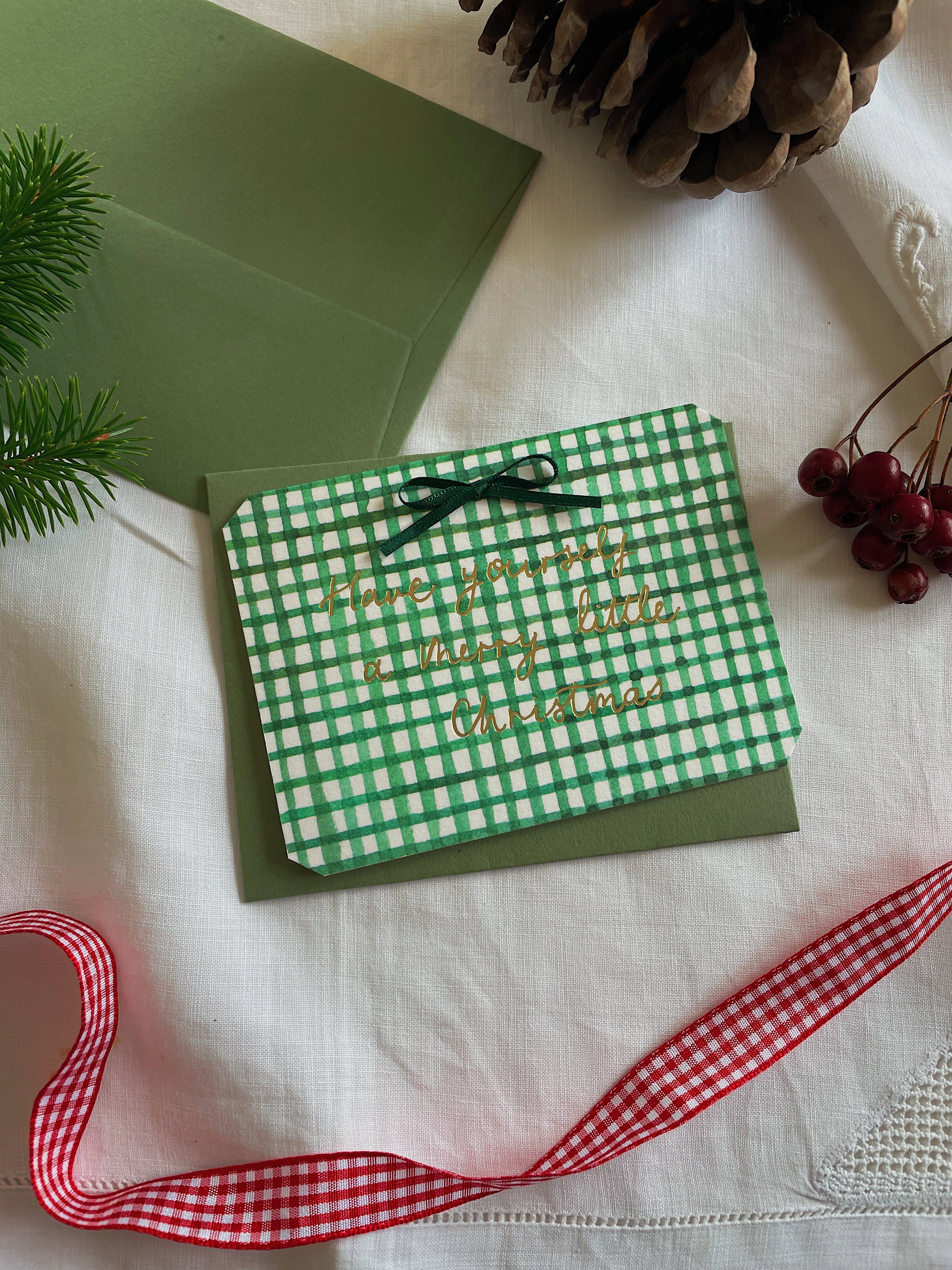 Annie Brougham Paper Goods. - Wholesale Christmas Card - Green Gingham Petite Foiled Bow Christmas Card1