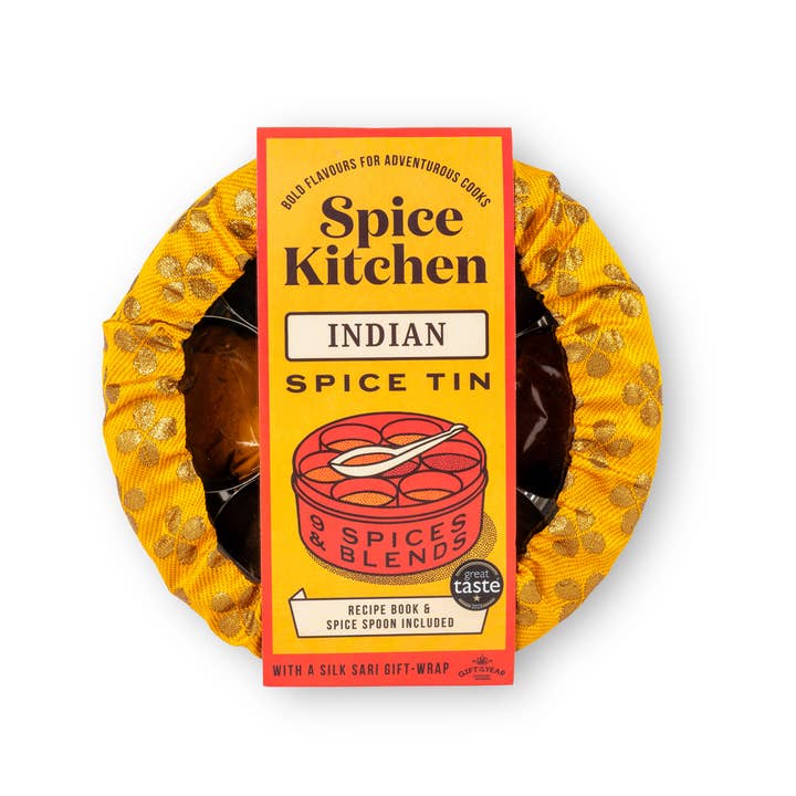 Spice Kitchen - Wholesale Dried Spice Mix - Indian Spice Tin with 9 Spice and Silk Sari Wrap