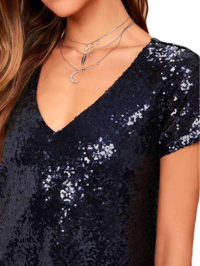 HIDDENBRAND - Wholesale Dress - Women's - v-neck short sleeve sequin party shift dress