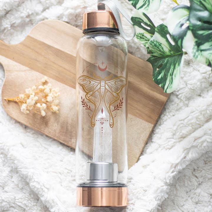 Luna Moth Glass Water Bottle with Clear Quartz Crystal for wholesale by Something Different Wholesale
