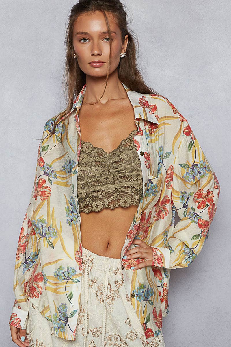 Pol Clothing - Vente Chemise à col boutonné – femme - Haut chemise tissé à manches longues imprimé floral5