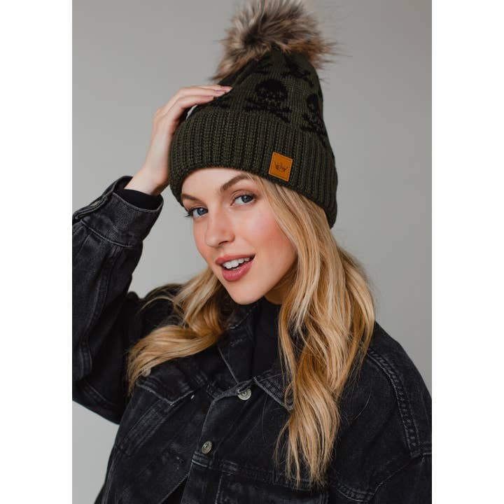 Panache Apparel Co. – wholesale Beanie – Women's – Olive Skull Pattern Pom Hat2