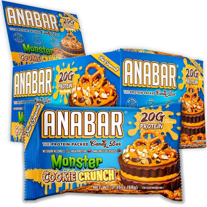 Anabar Protein Candy Bar Monster Cookie Crunch 2.39 oz 12 ct for wholesale by Long Island Candy Factory