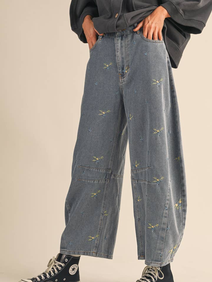 IP1373-C FLORAL EMROIDERED BARREL DENIM PANTS for wholesale on Faire3