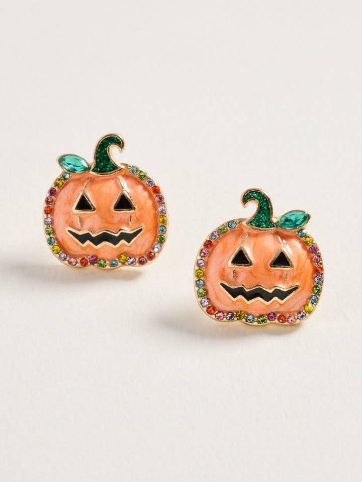 Pumpkin Enamel Rhinestone Post Earrings Jewelry for wholesale by Designature New York