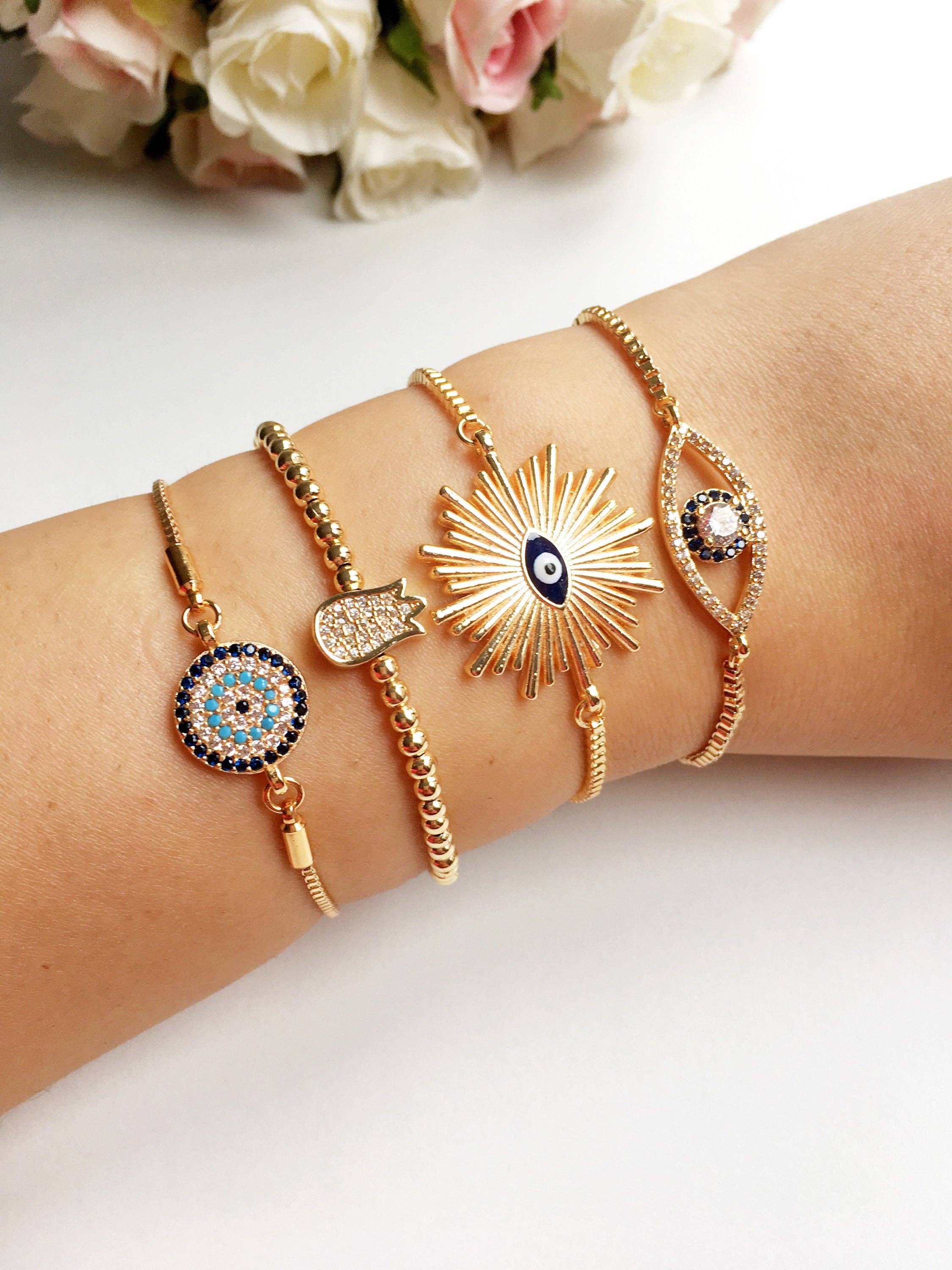 Evileyefavor - Wholesale Charm/Dangle Bracelet - Gold Evil Eye Bracelet, Adjustable Greek Jewelry3