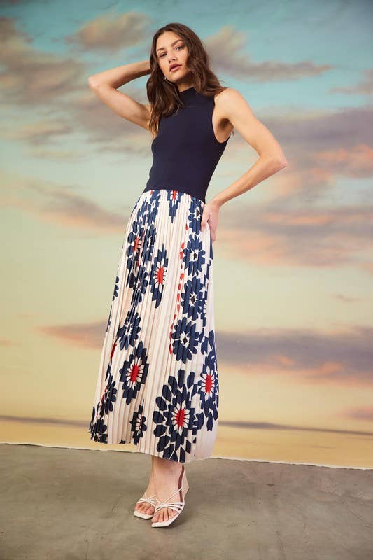 Ivory Navy Sleeveless Knit & Print Midi Dress for wholesale on Faire2