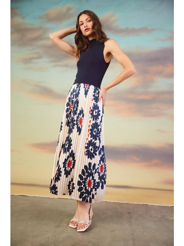 Elfenben-Navy Ärmlös stickad och mönstrad midiklänning för wholesale på Faire2