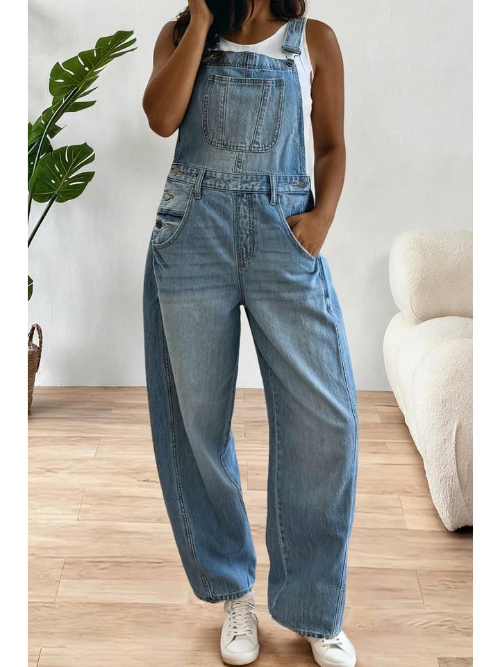 Blue Adjustable Buckle Barrel Denim Overalls for wholesale on Faire2