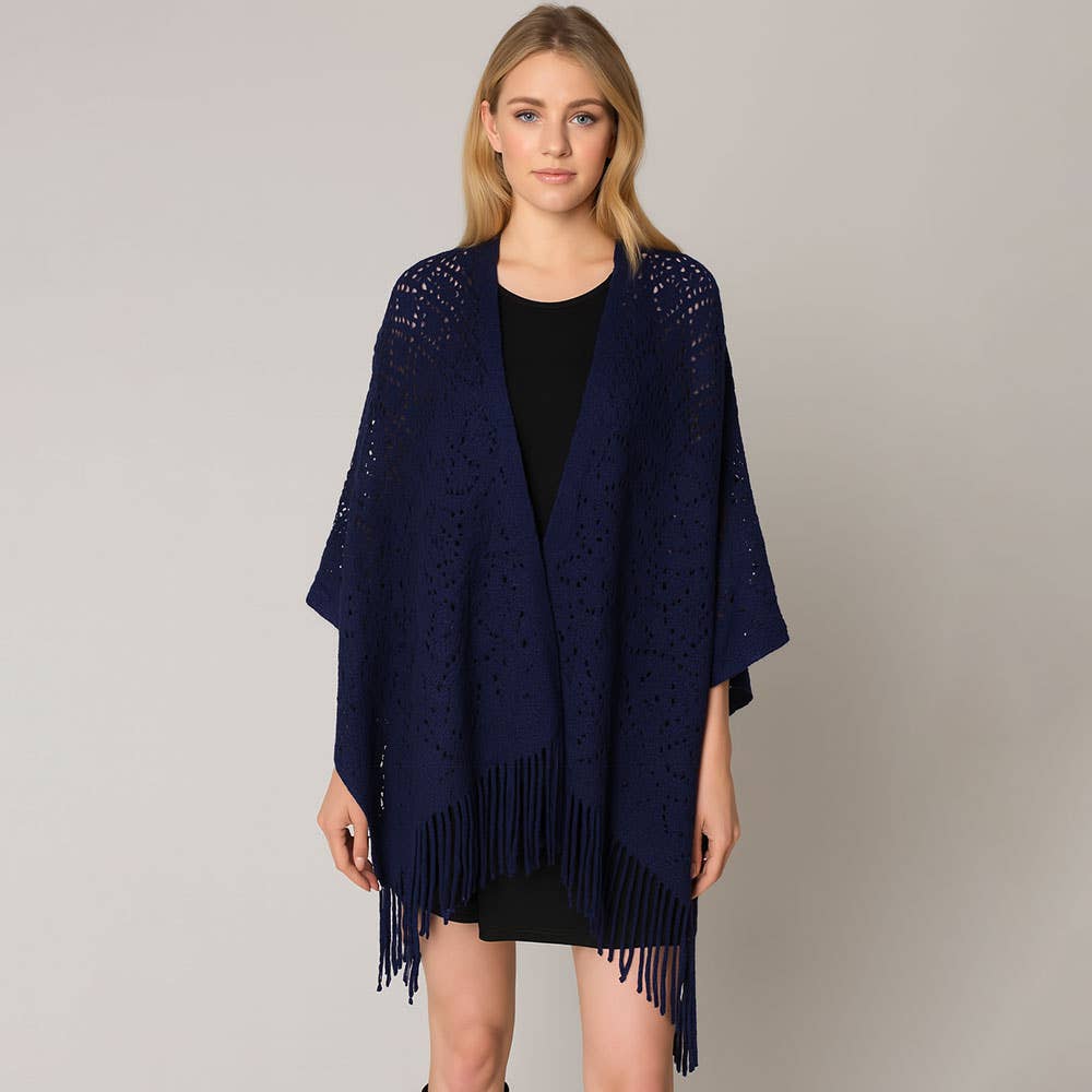 Sensibling Corp. - Wholesale Poncho - Women's - Fringe Open Knit Crochet Draped Shawl Wrap Ruana Poncho6