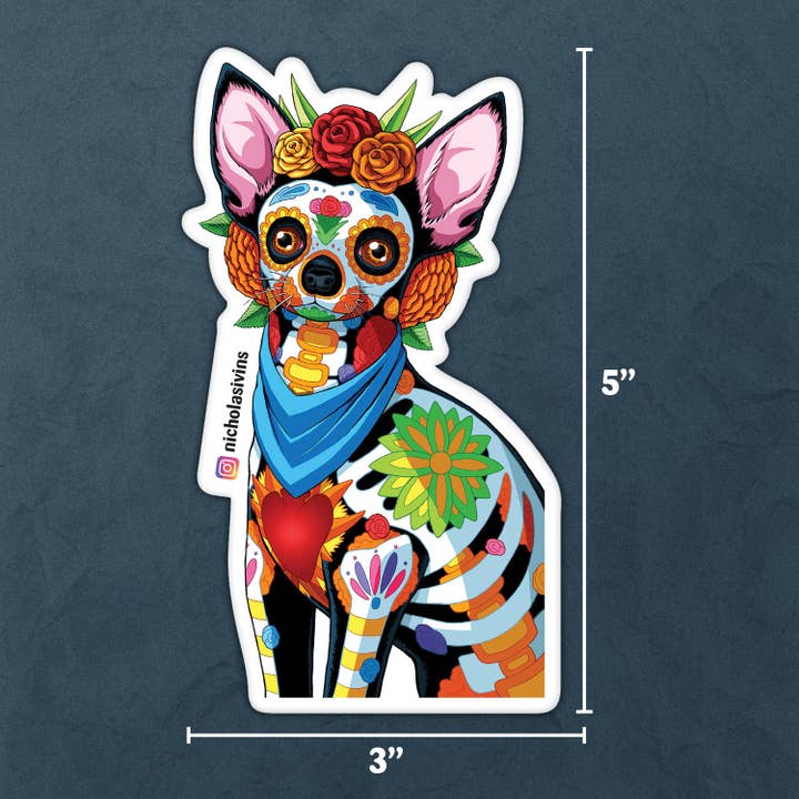 Nicholas Ivins Art & Illustration - Wholesale Sticker - Day of the Dead Dog Chihuahua Sticker - "Espectra"