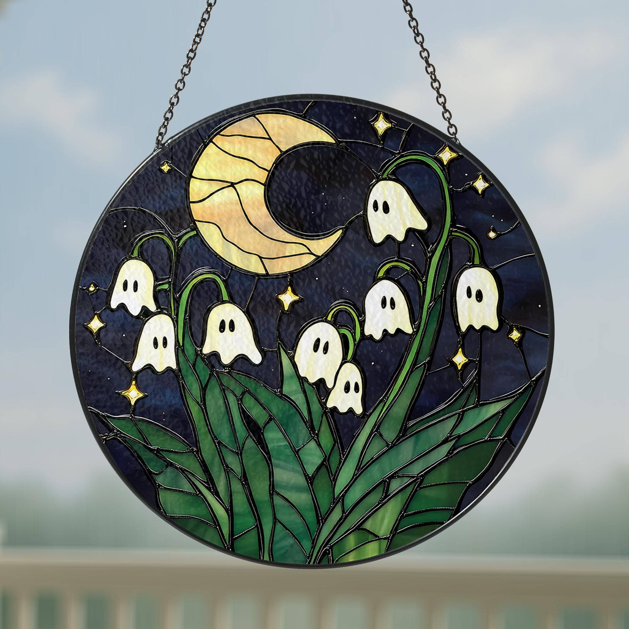 TMLECOM LTD – wholesale Suncatcher – Ghost Flower Stained Glass Suncatcher, Cute Halloween Decor1