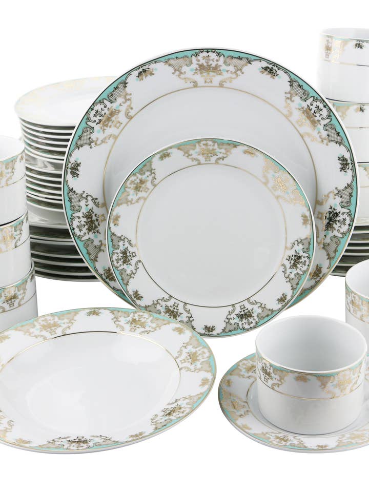 40-pc Dinnerware Set - Teal & Gold for wholesale by Three Star IM/EX Inc.