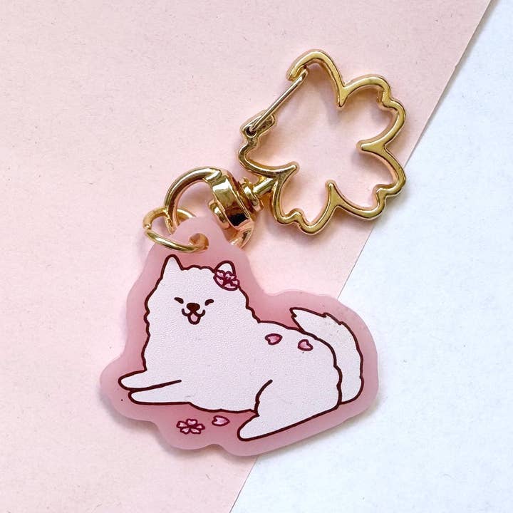Cherry Blossom Samoyed Charm - Frosted Pink with Sakura Clasp for wholesale by Chibird