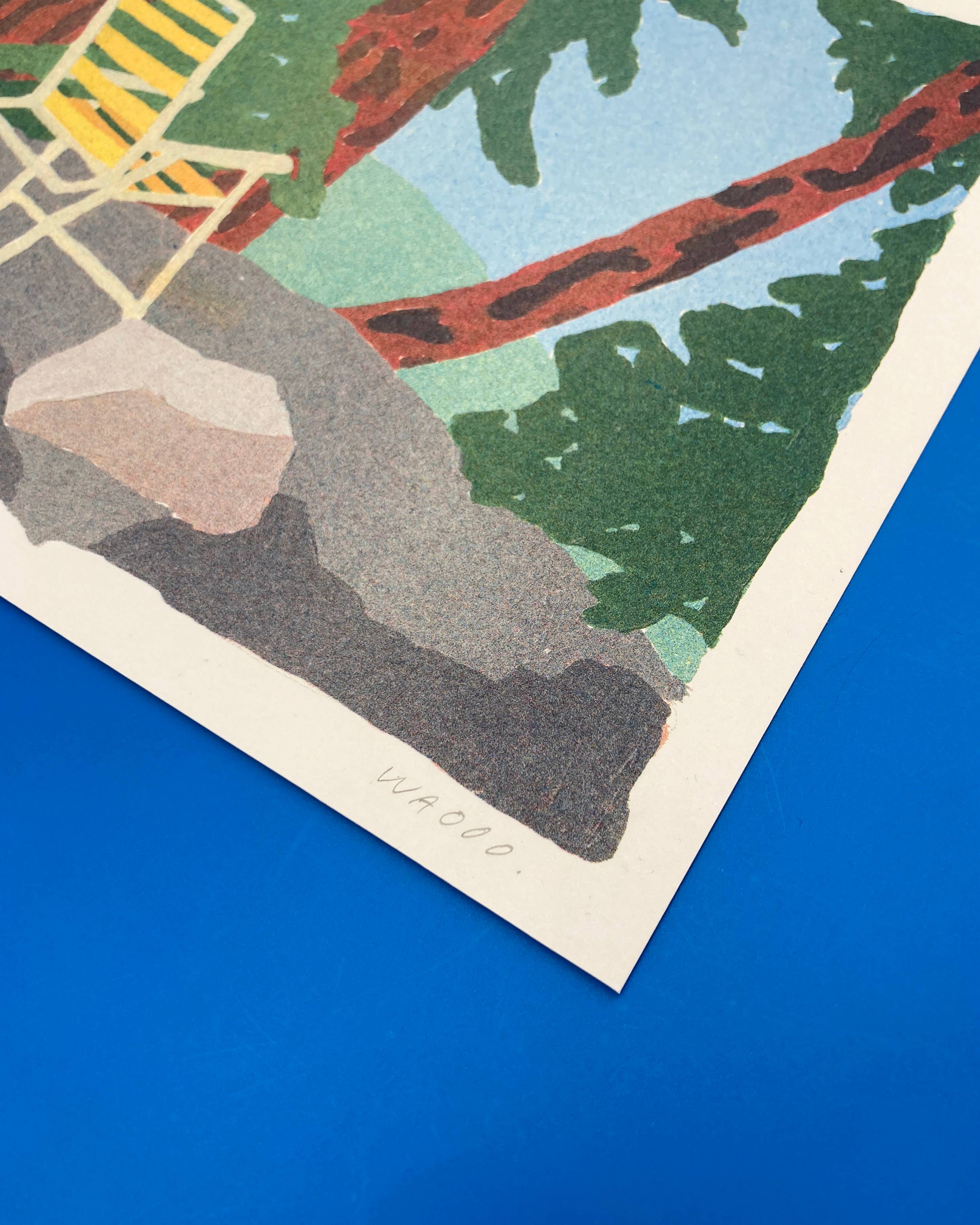 We are out of office – wholesale Konsttryck – Ett risograftryck av en gouache-målning av en gul stol2