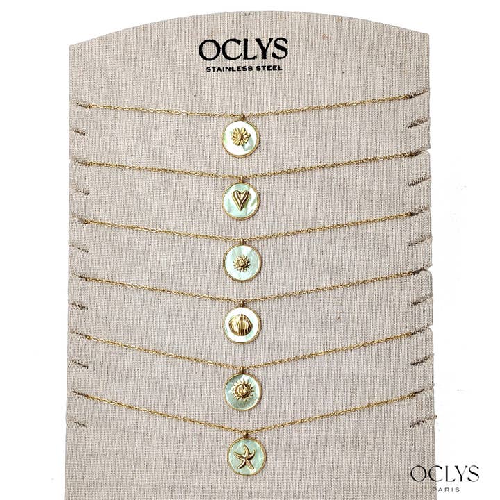 Oclys - Wholesale Pendant/Charm Necklace - Lot of 12 mother-of-pearl chain necklaces with gold stainless steel motifs