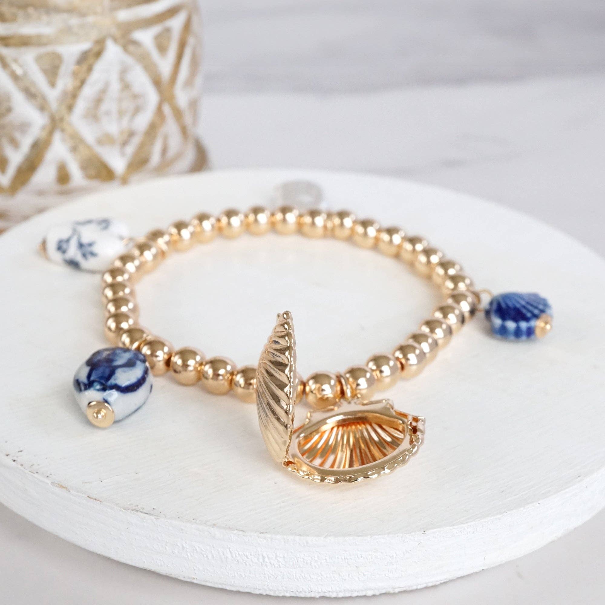 PennyLine inc - Wholesale Beaded Bracelet - Chinoiserie & Clam Shell Locket Preppy Statement Ball Beads Stretchy Bracelet – Gold Tone3