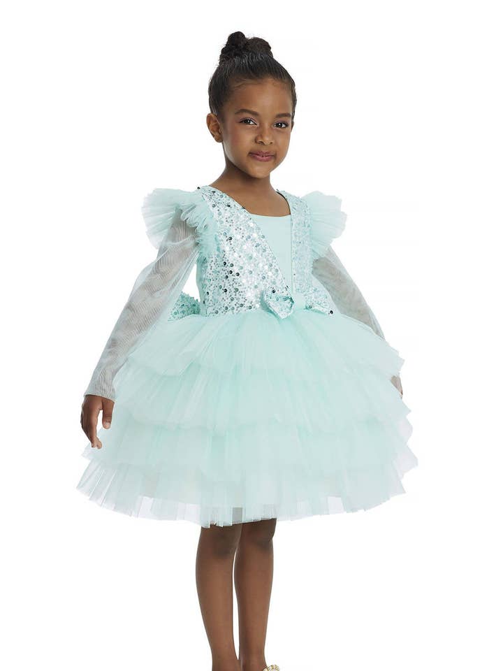 Mintfarvet langærmet pigekjole i tyl 3-7 år 34053pr for engroshandel hos Pamina Kids