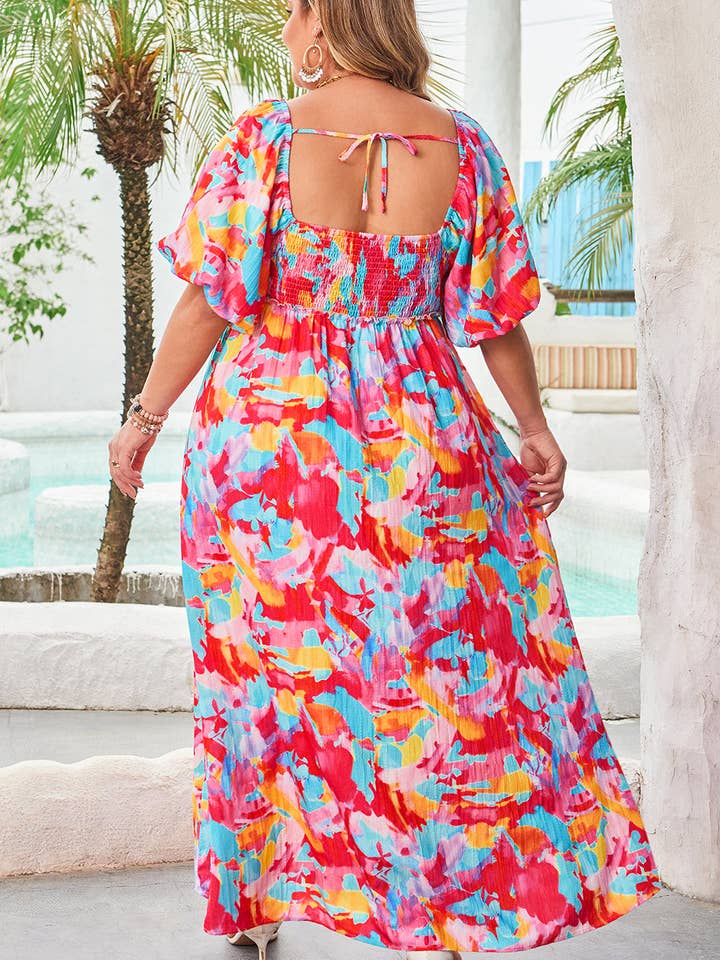 Rose Abstract Printed Puff Sleeve Square Neck Smocked Bust Tied Back Plus Size Dress for wholesale on Faire1