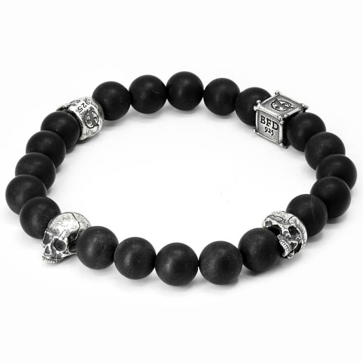 Bracciale in argento Sterling con teschio e perline, pietra d'agata per la vendita all'ingrosso da parte di Black Feather Design