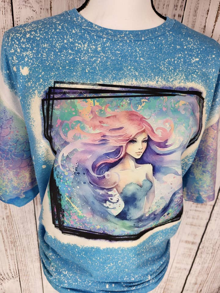 Mermaid on Blue Bleached Tee for wholesale by Wanderlust Designs Wholesale