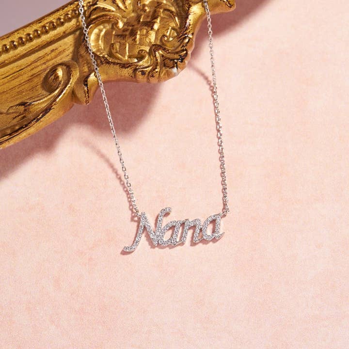RHODIUM WHITE GOLD DIPPED NANA PENDANT NECKLACE for wholesale on Faire