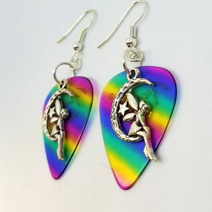 Simply Raevyn - Wholesale Dangle Earrings - Fairy on the Half Moon Charm Guitar Pick Earrings34