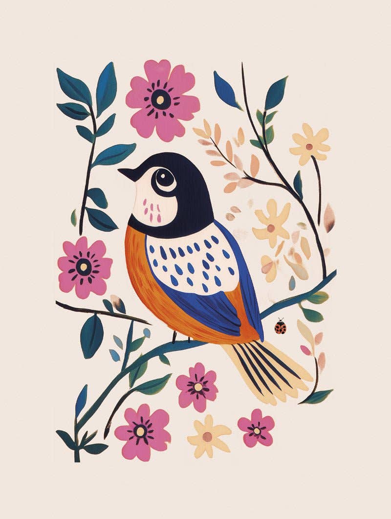 MokaMouse - Wholesale Art Print - Chickadee with Pink Flowers - Folk Art Poster2