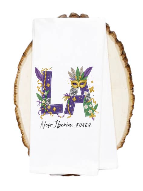 Customizable zipcode towel mardi gras for wholesale by The Panicked Pelican