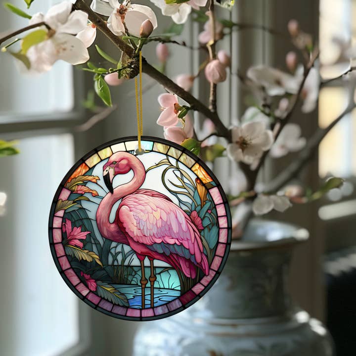 Fernville Creations - Wholesale Ornament - Flamingo Ceramic Ornament with Stained Glass Design