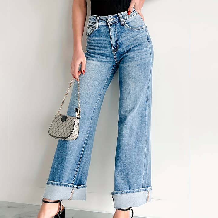 Straight-leg wide-leg rolled-up denim trousers for wholesale by Lily Clothing