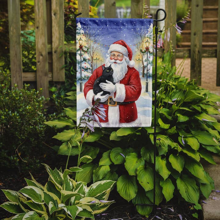 Black Cat with Santa Claus Garden Flag FNT1158 for wholesale by Caroline's Treasures
