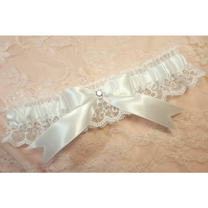 Liga de casamento de cetim e renda branca por atacado de Bellarosa Garters