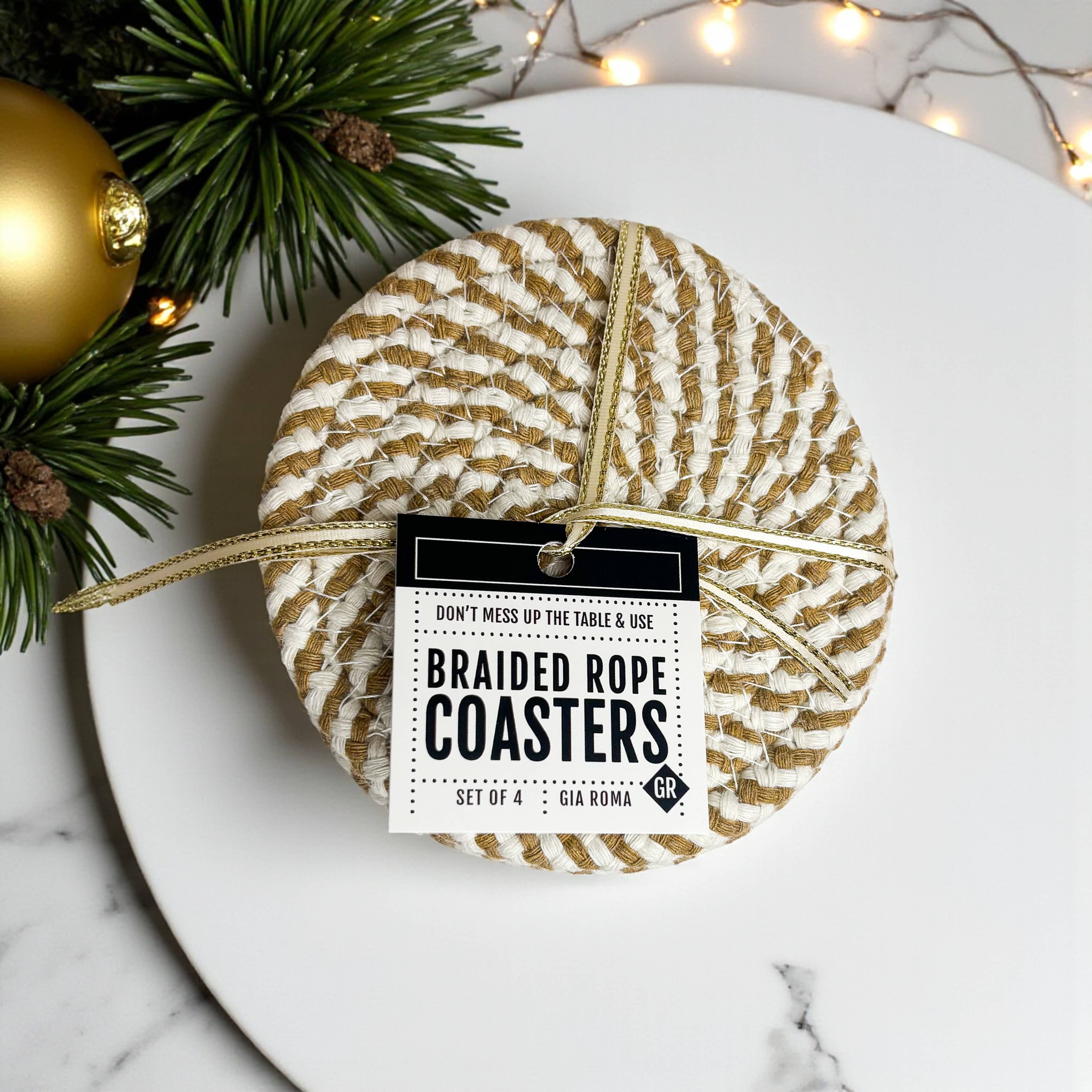 Gia Roma - Wholesale Coasters - Christmas Coasters, Red Candy Cane Braided Cotton Fabric Set12