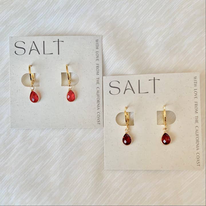 SALT by Sarah Curtis - Wholesale Huggie Earrings - RUBY RED HUGGIE HOOPS | gold