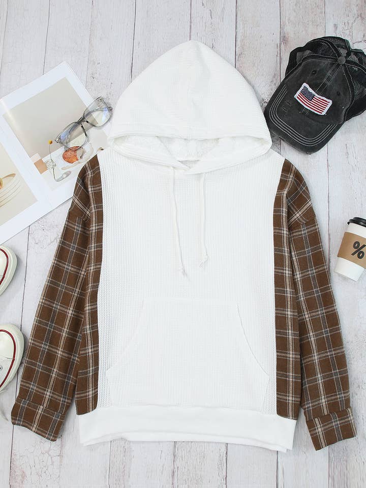 White Waffle Patch Plaid Sleeve Kangaroo Pocket Hoodie for wholesale on Faire6