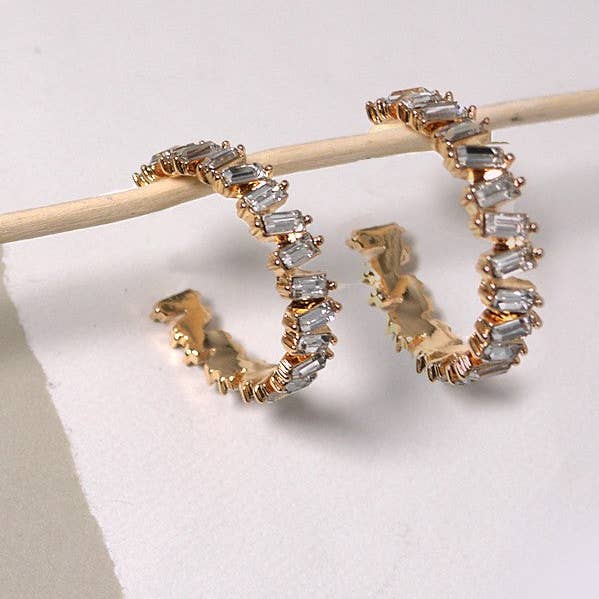 GOLD BAGUETTE RHINESTONE HOOP EARRINGS | 31E23622 for wholesale on Faire0